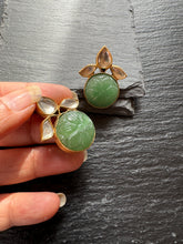 Load image into Gallery viewer, Silver 92.5 gold polish carved jade  earrings