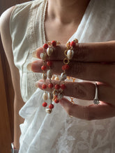 Load image into Gallery viewer, Carved (water melon shaped corals ) & tulip flower shaped pearls on silver 925 and gold polish