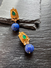 Load image into Gallery viewer, Silver 92.5 gold polish carved lapis lazuli  earrings
