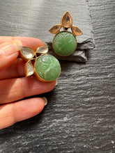 Load image into Gallery viewer, Silver 92.5 gold polish carved jade  earrings