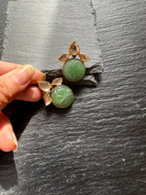 Load image into Gallery viewer, Silver 92.5 gold polish carved jade  earrings