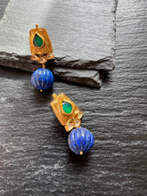 Load image into Gallery viewer, Silver 92.5 gold polish carved lapis lazuli  earrings
