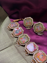 Load image into Gallery viewer, One of a kind statement handpainted Srinath ji necklace and earrings set