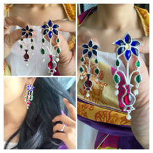 Load image into Gallery viewer, Guldasta (Mughal Flower) Kundan Earrings - Blue