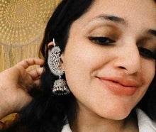 Load image into Gallery viewer, Statement Peacock Jhumkas in Silver