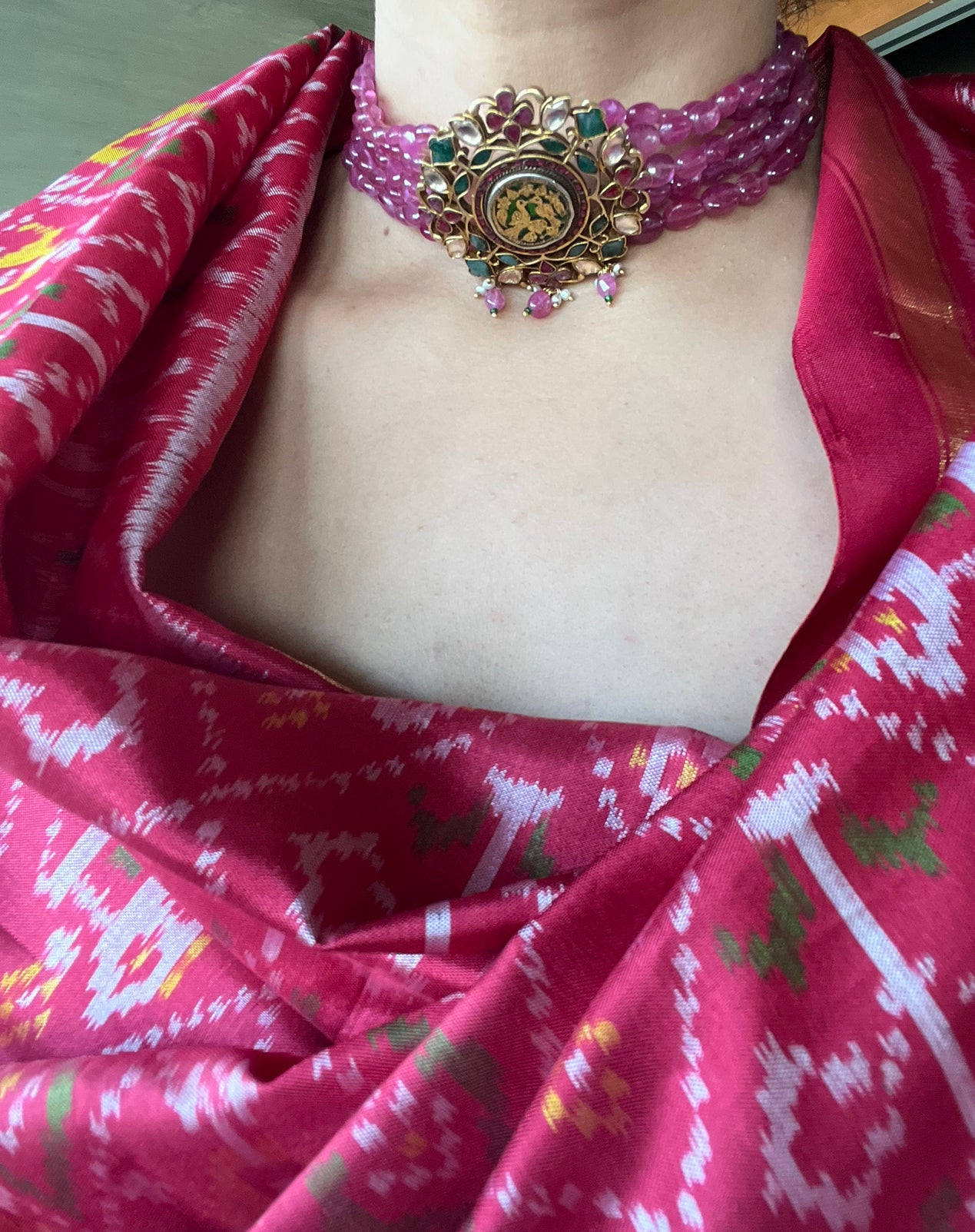 Festive Ruby Necklace with Thewa work Potpourri Studio