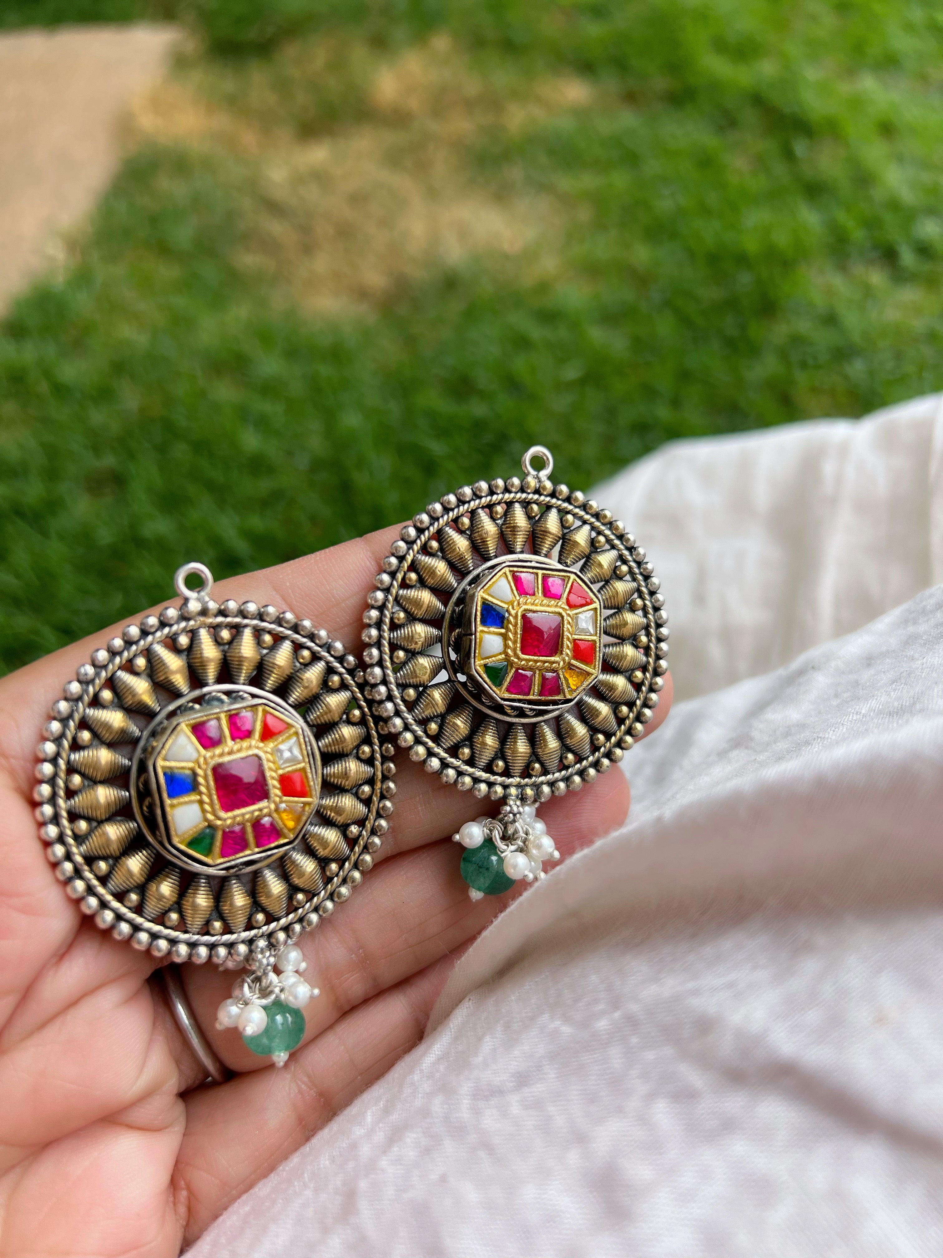 Round Navaratana Statement Dual Tone Earrings Potpourri Studio