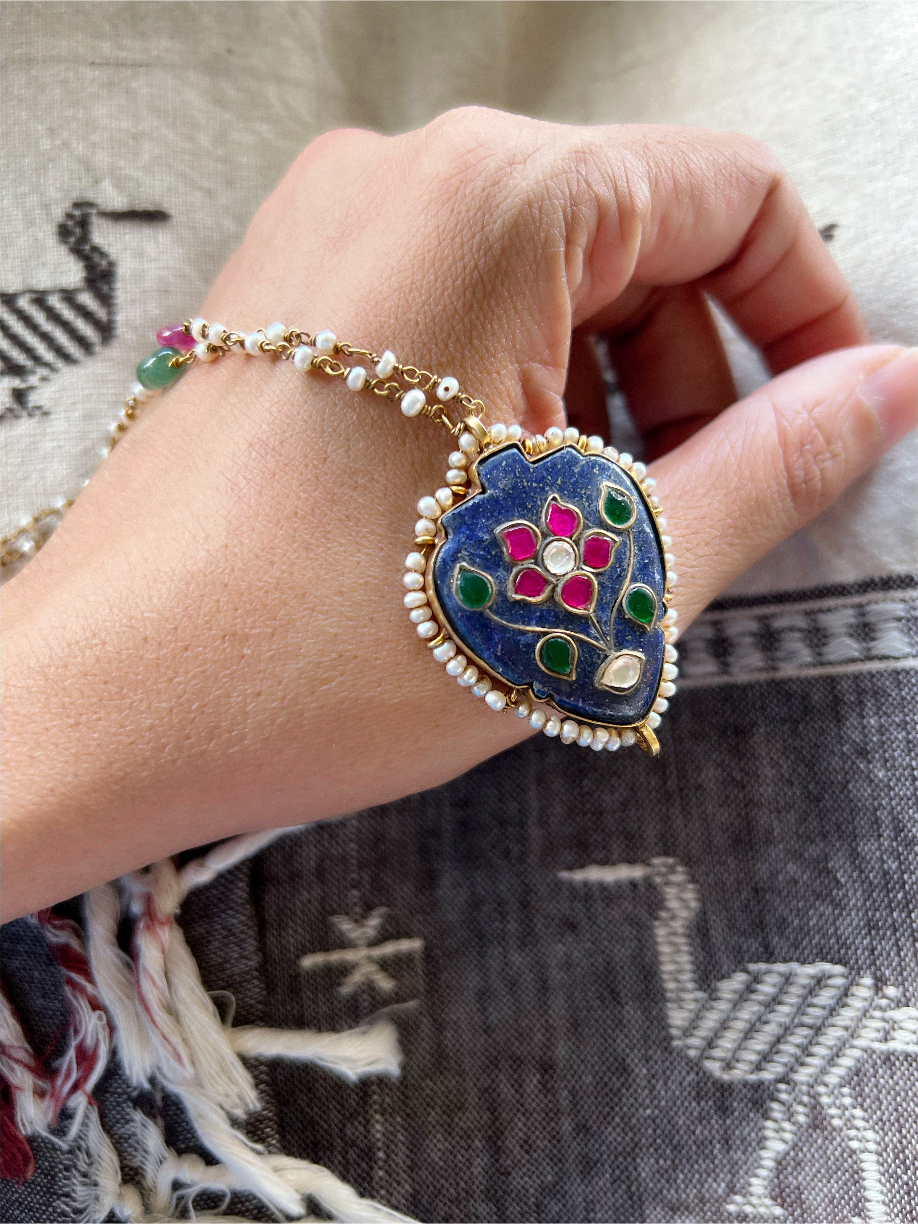 Dainty Lapis Neckpiece on Pearls 01 Potpourri Studio