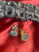 Load image into Gallery viewer, Silver 92.5 gold polish kundan studs with carved emerald stone
