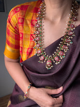 Load image into Gallery viewer, Gold polish kundan, ruby and emerald mango gutapusalu necklace with pearl drops
