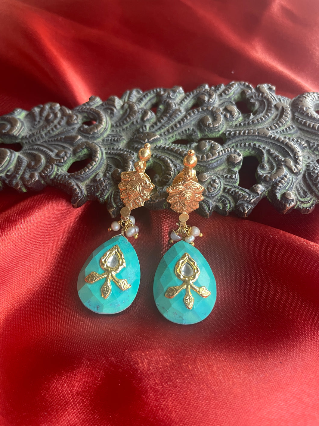 Silver 92.5 gold polish inlay work earrings with turquoise  drops