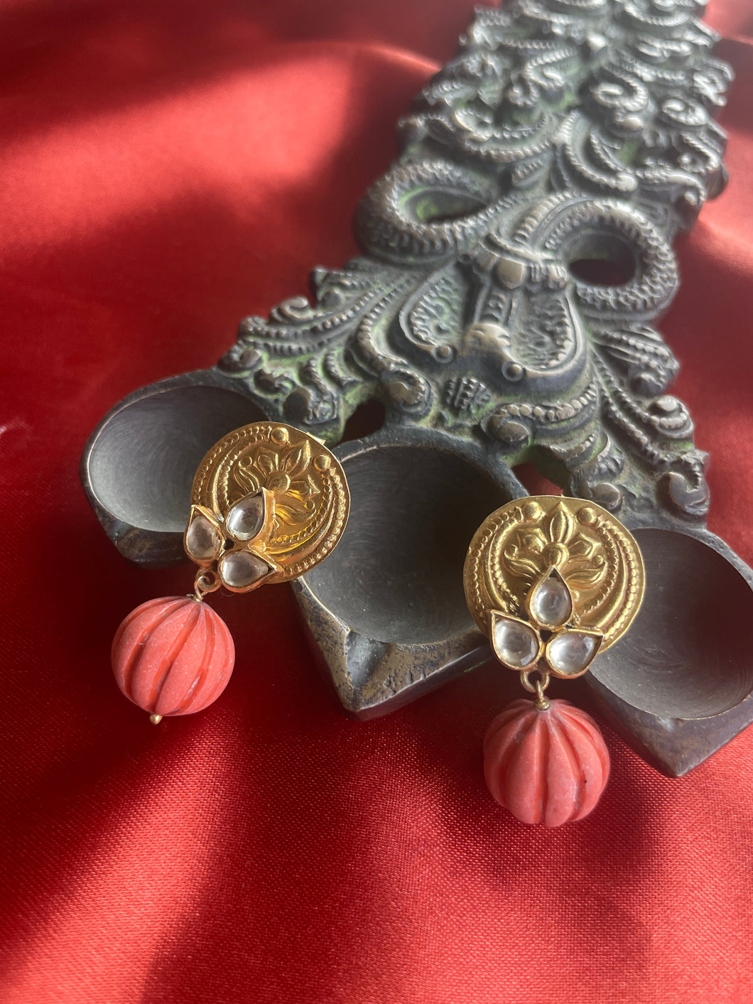 Silver 92.5 gold polish kundan earrings with coral drops