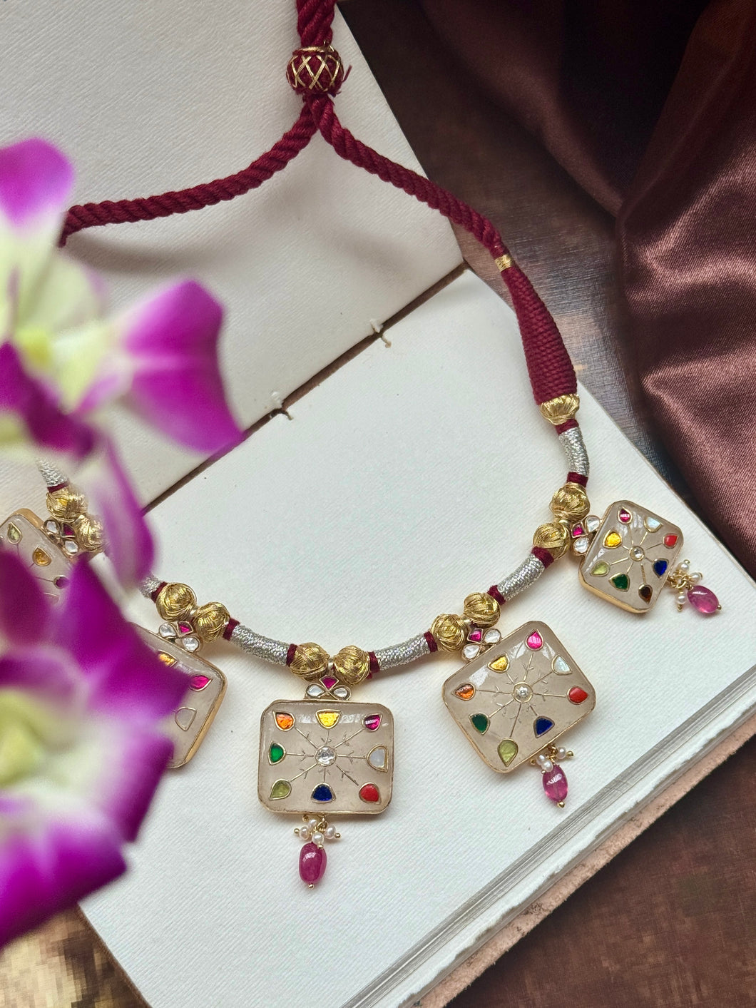 Statement inlay work  Navarathna  necklace