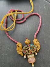 Load image into Gallery viewer, One of a kind 92.5 gold polish inlay work kundan neckpiece on pink onyx
