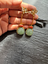 Load image into Gallery viewer, Silver 92.5 gold polish kundan earrings with carved jade &amp; coral
