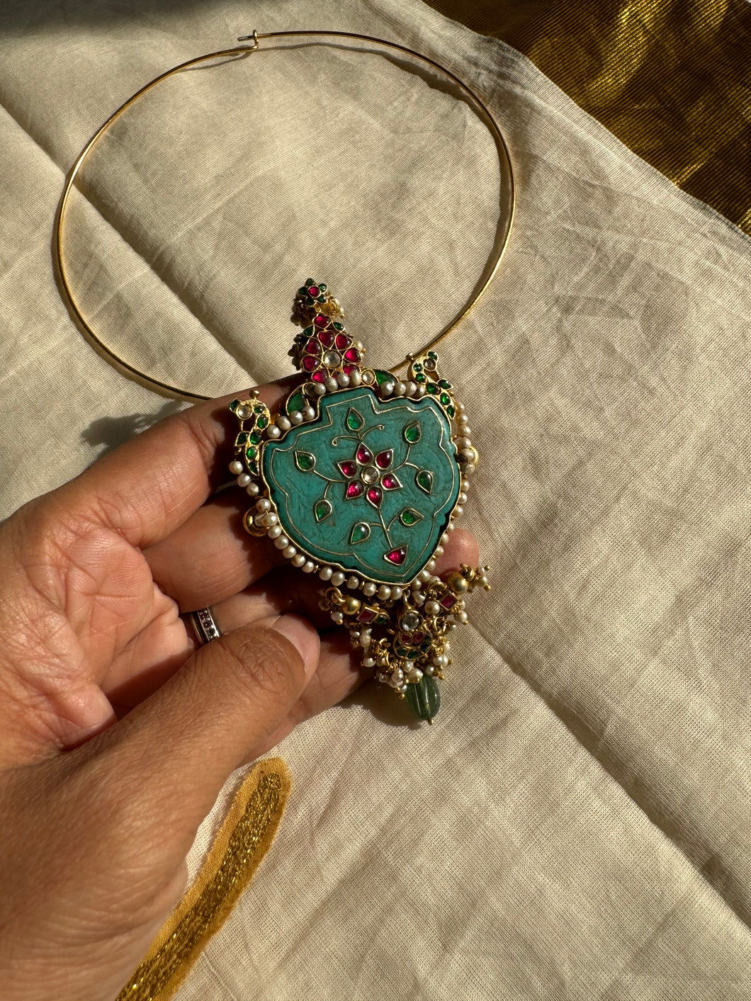 One of a kind, festive inlay work statement turquoise pendant