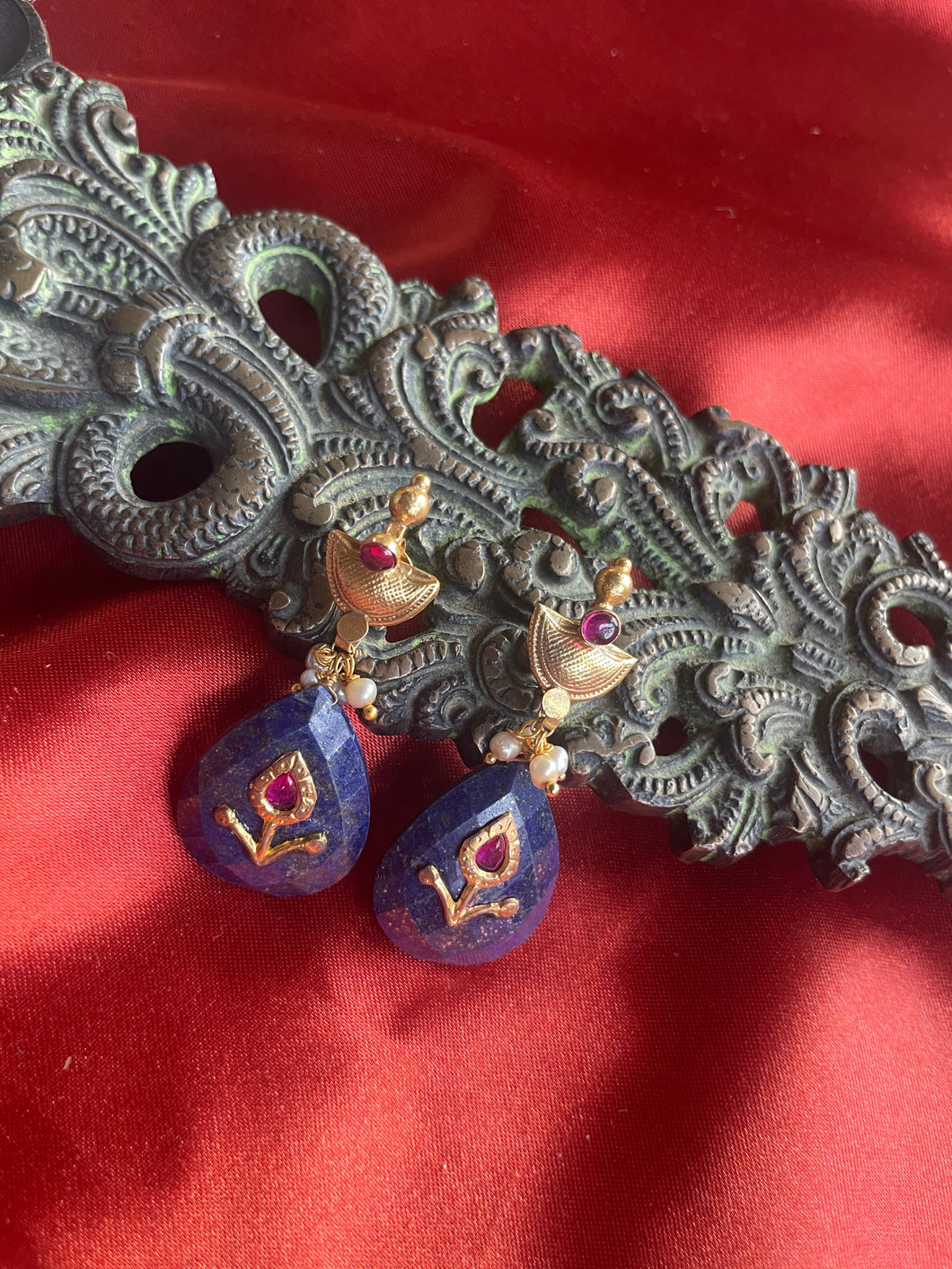 Silver 92.5 gold polish inlay work earrings with lapis lazuli drops