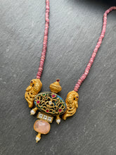 Load image into Gallery viewer, One of a kind 92.5 gold polish inlay work kundan neckpiece on pink onyx
