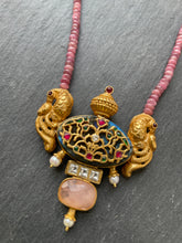 Load image into Gallery viewer, One of a kind 92.5 gold polish inlay work kundan neckpiece on pink onyx
