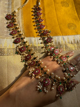 Load image into Gallery viewer, Gold polish kundan, ruby and emerald mango gutapusalu necklace with pearl drops
