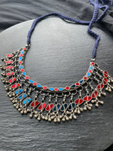 Load image into Gallery viewer, Statement silver necklace with colorful glass and danglers

