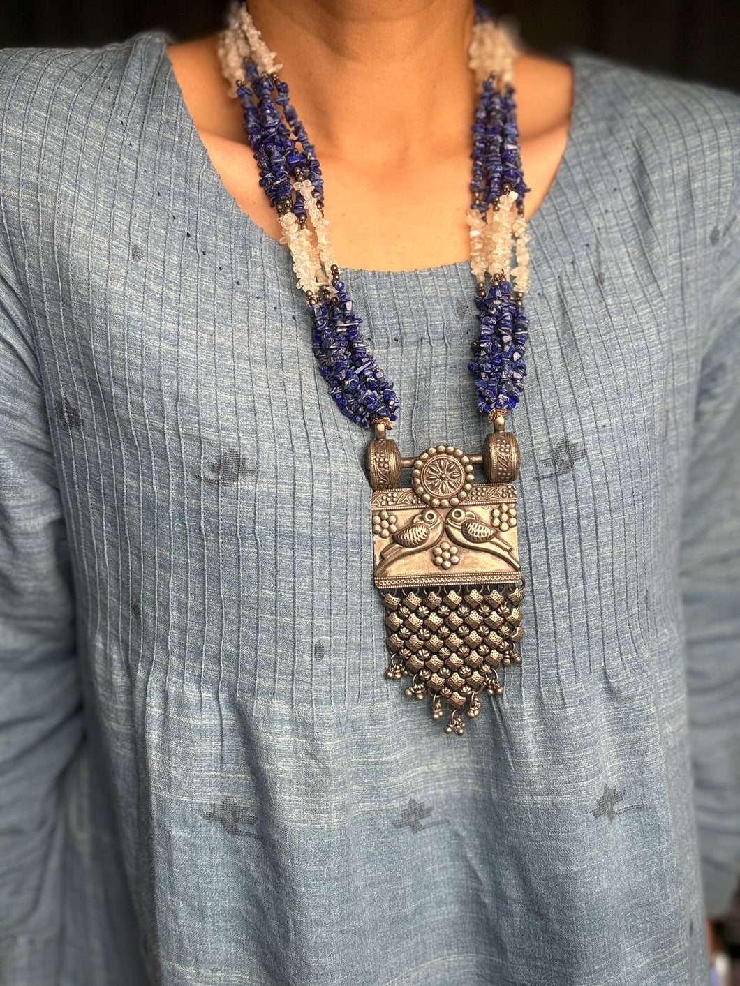 Statement lapis & onyx bunch necklace with pendant