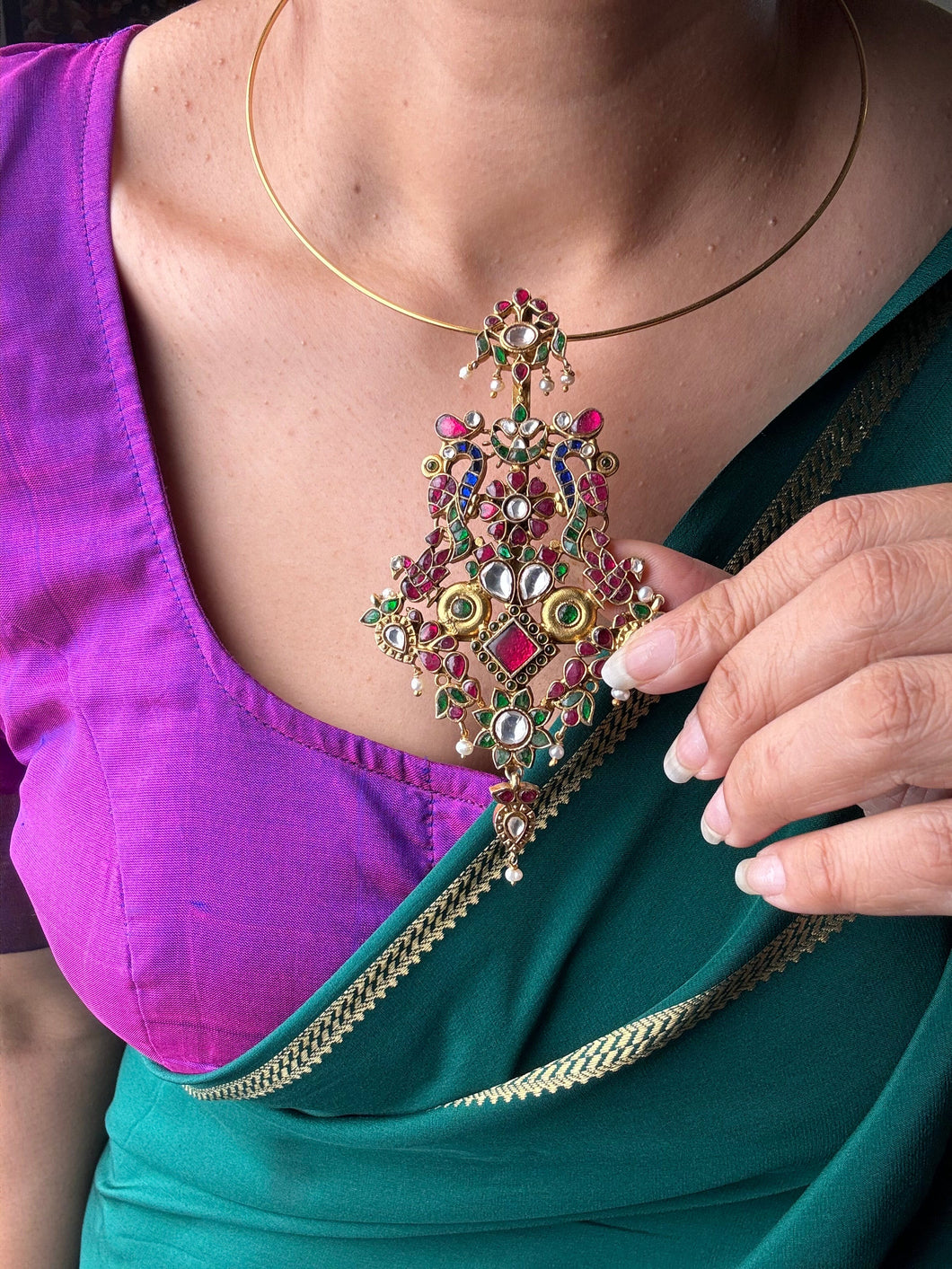 One of a kind,  92.5 gold polish kundan work pendant with hasli 3