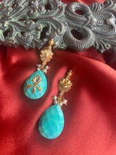 Load image into Gallery viewer, Silver 92.5 gold polish inlay work earrings with turquoise  drops
