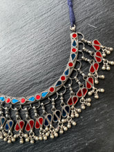 Load image into Gallery viewer, Statement silver necklace with colorful glass and danglers
