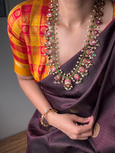 Load image into Gallery viewer, Gold polish kundan, ruby and emerald mango gutapusalu necklace with pearl drops
