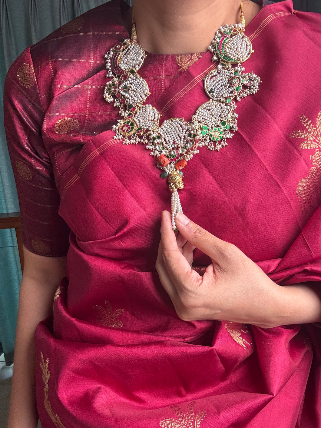 One of a kind, statement pearl choker necklace with kundan work pendant