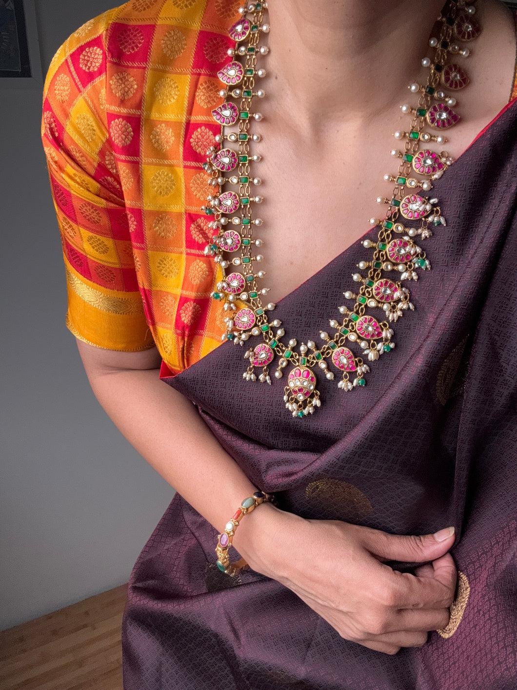 Gold polish kundan, ruby and emerald mango gutapusalu necklace with pearl drops