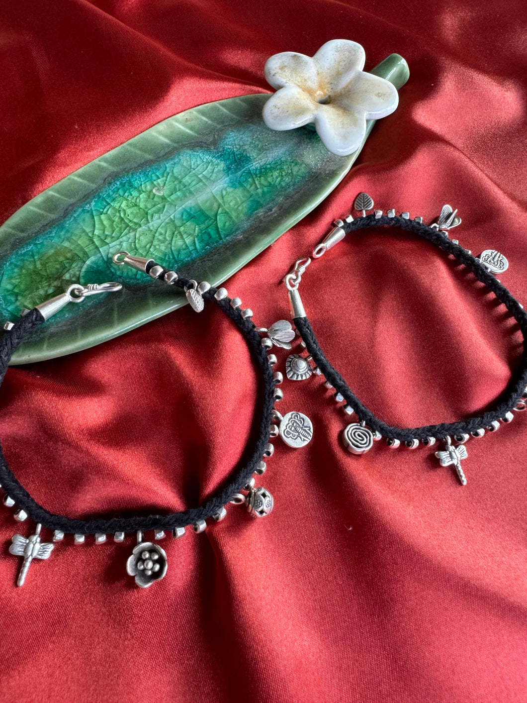 Black thread silver anklets-Balinese