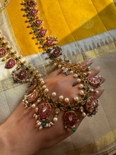 Load image into Gallery viewer, Gold polish kundan, ruby and emerald mango gutapusalu necklace with pearl drops
