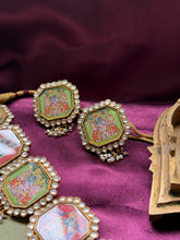 Load image into Gallery viewer, One of a kind statement handpainted Srinath ji necklace and earrings set
