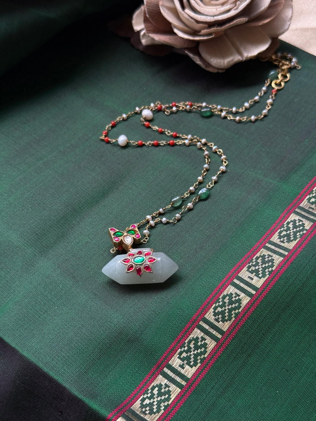 Dainty Inlay work necklace in natural aventurine and gemstones