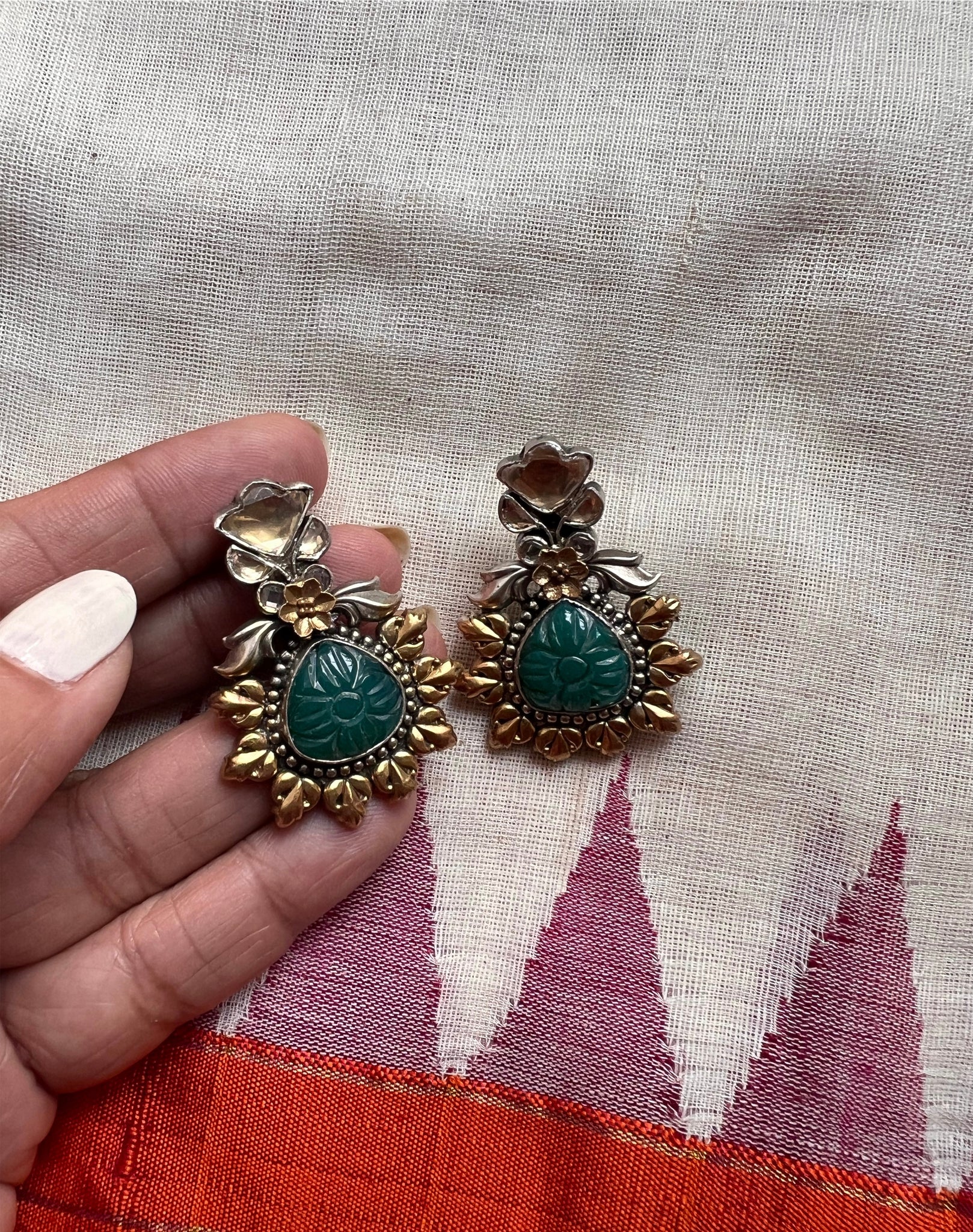 Buy Carved Emerald Earrings 14k Gold Emerald Diamond Rosecut Online in  India  Etsy